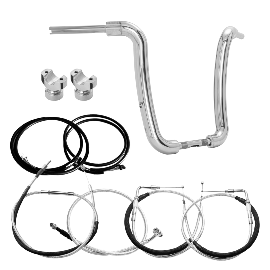 Wings Custom Ape Hanger Curve Rhino 2" Handlebar Kit with Clamps, Cables & Wiring - Breakout 13-15 (Cable Throttle) - Polished Stainless Steel