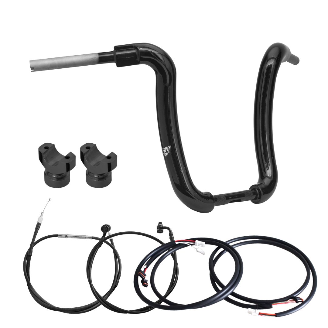 Wings Custom Ape Curve Rhino 2" Handlebar Kit with Clamps, Cables & Wiring - Breakout 16-26 (E-Throttle) - Gloss Black / Matte Black
