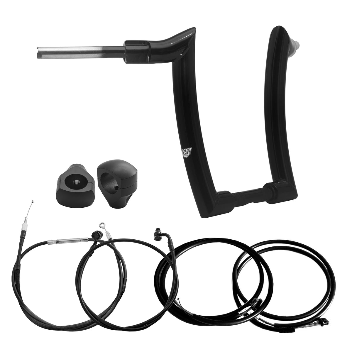 Wings Custom Mad Dogger Curve Rhino 2" Handlebar Kit with Clamps, Cables & Wiring - Fat Bob 18-24 (E-Throttle) - Gloss Black / Matte Black
