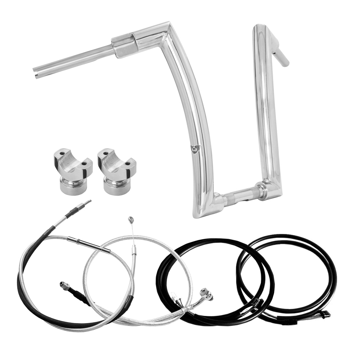 Wings Custom Front King Rhino 2" Handlebar Kit with Clamps, Cables & Wiring - Breakout 16-26 (E-Throttle) - Polished Stainless Steel