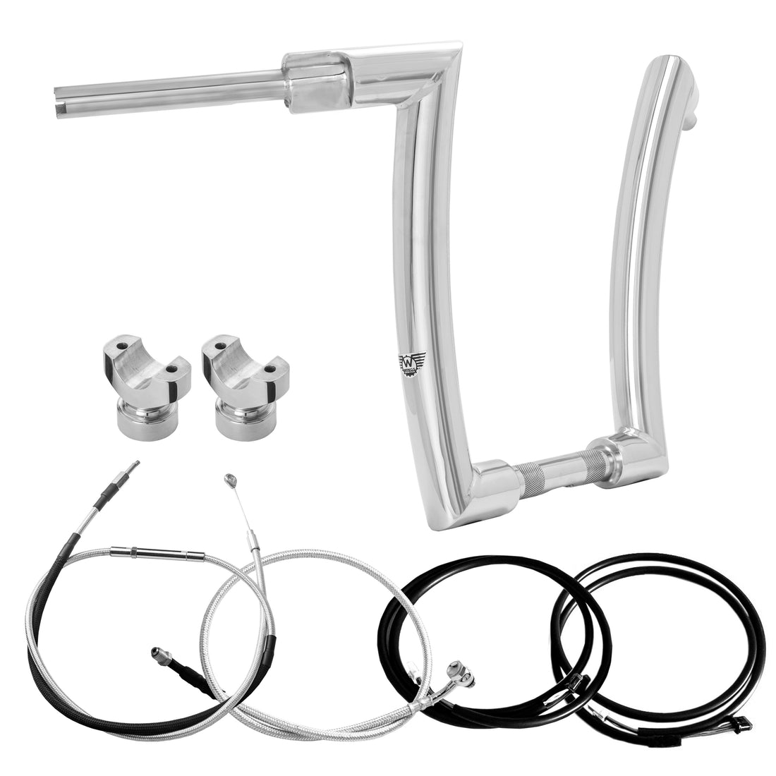 Wings Custom King Curve Rhino 2" Handlebar Kit with Clamps, Cables & Wiring - Breakout 16-26 (E-Throttle) - Polished Stainless Steel