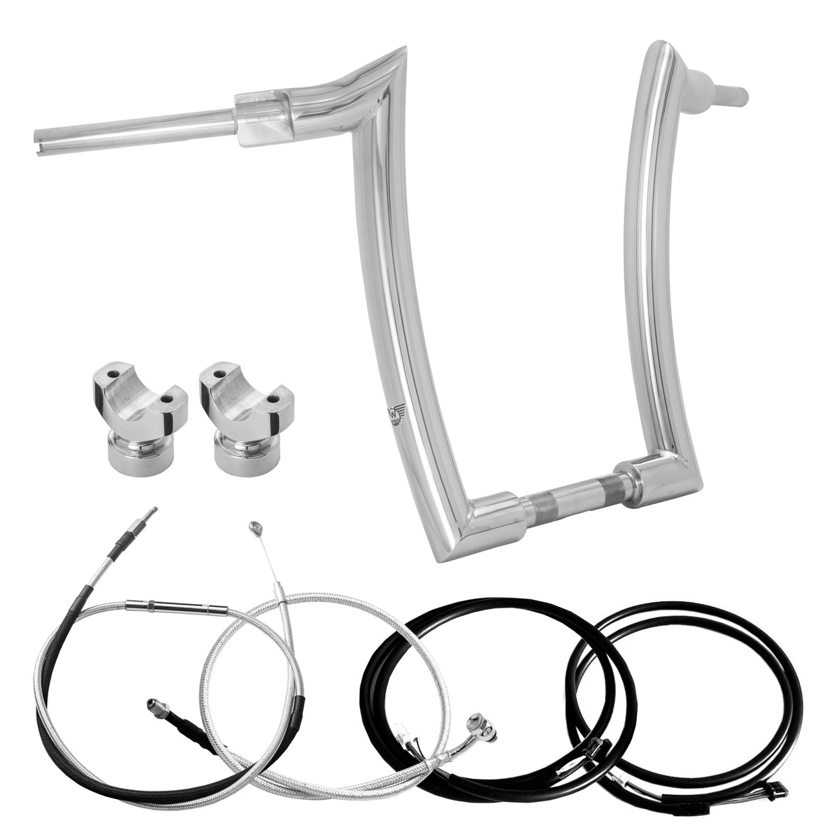 Wings Custom Mad Dogger Curve Rhino 2" Handlebar Kit with Clamps, Cables & Wiring - Breakout 16-26 (E-Throttle) - Polished Stainless Steel