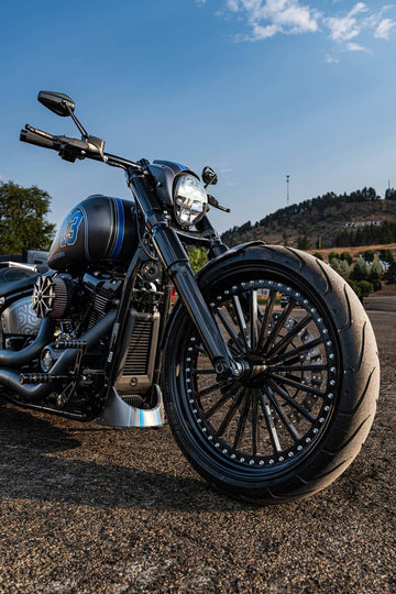 Rick’s Breakout 13 custom Harley-Davidson Breakout, front three-quarter view in Sturgis