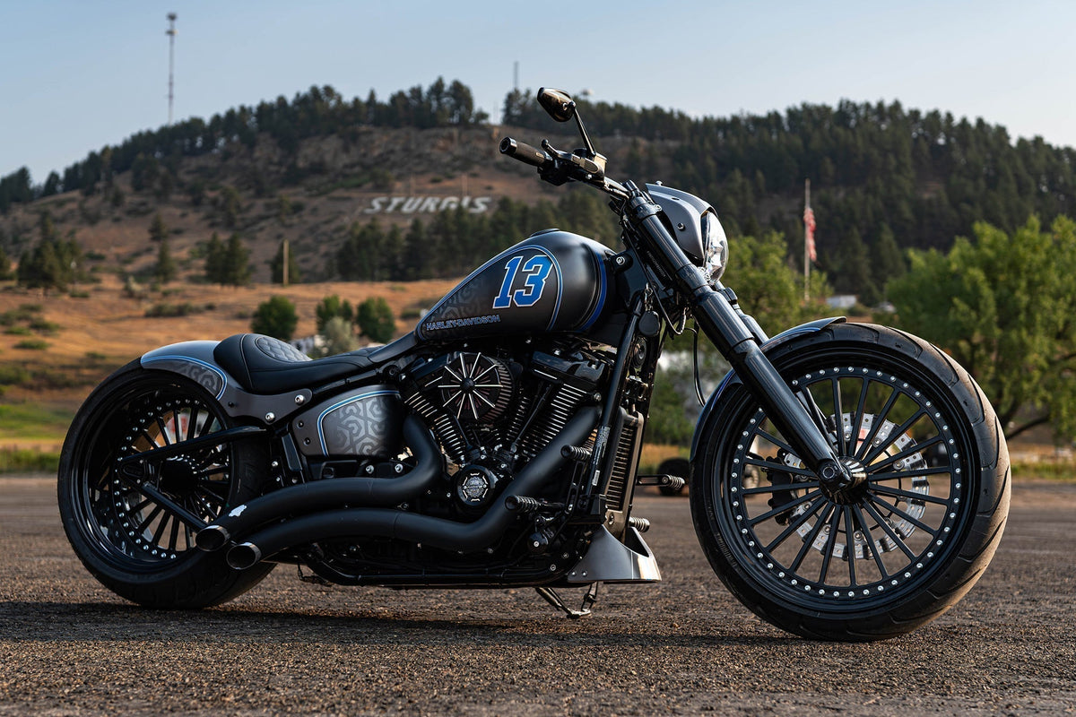 2024 Harley-Davidson Breakout 13 by Rick’s, front three-quarter view in Sturgis